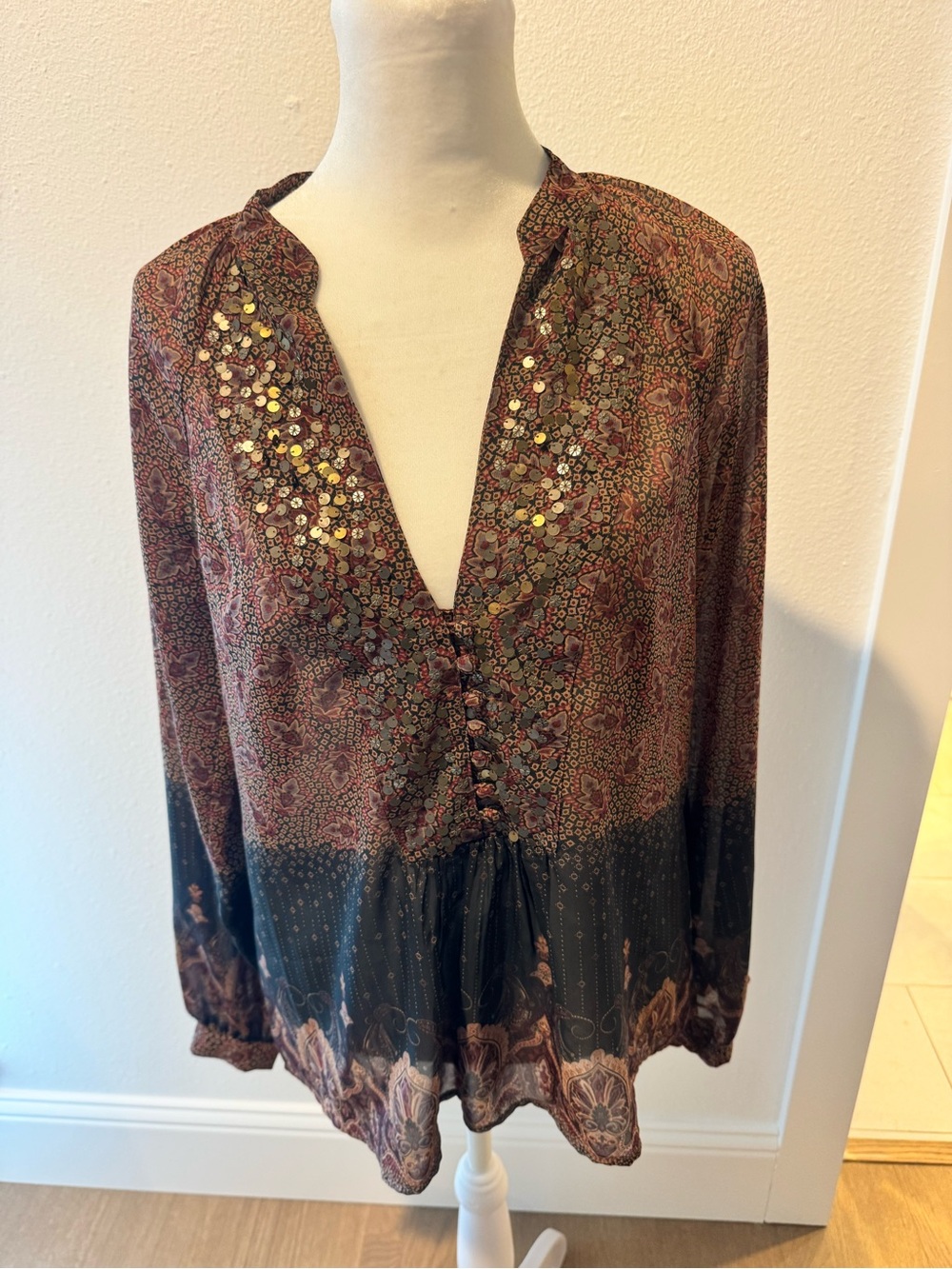 Moda International Burgundy and Black Sequin-Trim Paisley Tunic